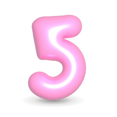 Number Five 5 Pink Balloon 3d rendered. Realistic design element. Happy Birthday, Anniversary Party, Happy Valentine's Day, Wedding. 3d Render illustration isolated on white background (with alpha).