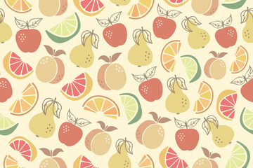 Seamless pattern with fruits. Abstract flat Boho pattern with lime, lemon, orange, apple, peach and pear. Seamless, repeating pattern design. 