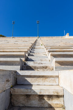 View from bottom of the steps of the Panathenaic Stadium or Kallimarmaro in Athens. One of the main historic attractions.