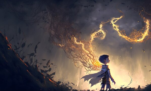 Fantasy scene of the young boy released magical power, digital art style, illustration painting, Generative AI