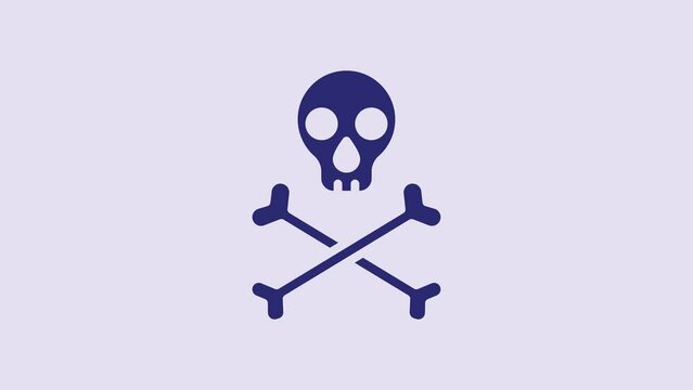Blue Skull on crossbones icon isolated on purple background. Happy Halloween party. 4K Video motion graphic animation