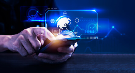 Businessman using smartphone with icons on virtual screen for business management, strategy, vision and plan