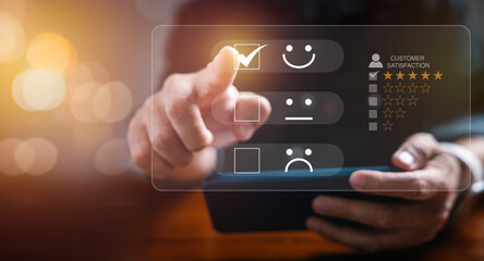 Businessman give five star with experience excellent test on virtual screen by touching happy face icon