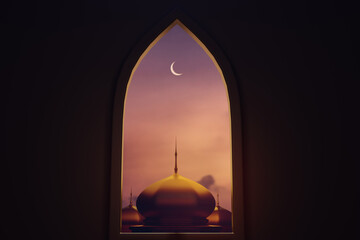 Islamic background with mosque for ramadan and eid greeting, 3d illustration