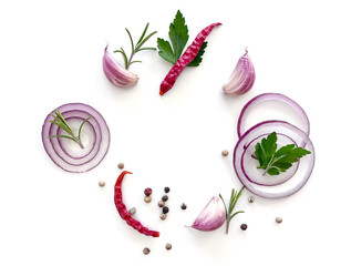 fresh herbs and vegetables on a white background.
