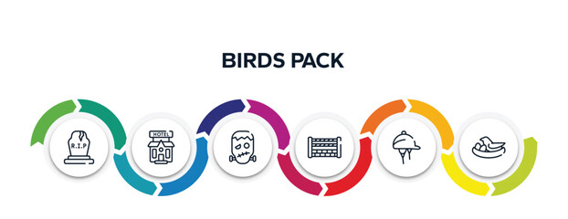 birds pack outline icons with infographic template. thin line icons such as tombstone, pets hotel, frankenstein, fence for horses jumps, hat for a jockey, bird and egg vector.