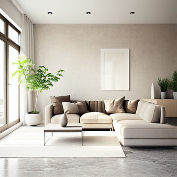 Interior design of modern apartment, living room with sofa and coffee tables 3d rendering