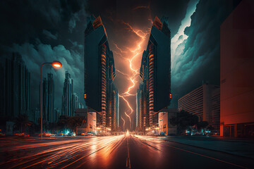 Skyscrapers night time, lightning strike in urban city, symmetry. 