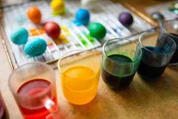 Using food coloring to dye Easter eggs at home. Painting colorful eggs for Easter hunt. Getting ready for Easter celebration.