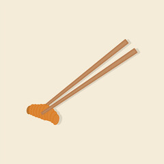 Hand drawn chopsticks and grub. Asian exotic food. Cartoon vector icon illustration food object.