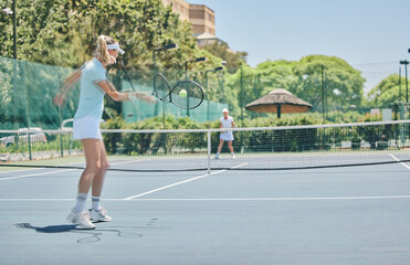 Tennis court, sports match and women outdoor for fitness, exercise and training for competition....