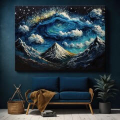 Painting of mountains at night with cloudy and starry sky indoors on the wall of room with sofa. Post-impressionism style picture. Generative AI