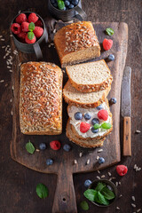 Healthy and sweet bread with cheese, mint and berries.