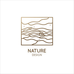 Vector logo of nature elements, agricultural landscape. Decorative ornamental emblem. Linear abstract icon with houses, fields - business design, badge for travel, farming and ecology, health concepts