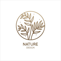 Tropical plant logo. Vector emblem floral leafs, bamboo tree. Abstract round badge for design of natural products, flower shop, cosmetics and ecology concepts, eco food. health, spa and yoga Center.