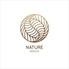 Tropical plant logo. Round emblem leafs in linear style. Icon of fresh green tea. Vector abstract badge for design of natural products, flower shop, cosmetics, ecology concepts, health, spa Center.