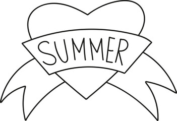 Hand drawn heart icon with lettering summer. Vector illustration, doodle style. Isolated on a white background.
