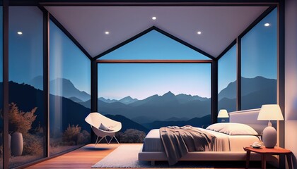 Fototapeta na wymiar night scene glass house bedroom with a mountain view. Glass wall, armchair, lamps, large bed. 3d render. Generative AI.