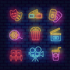 Naklejka na ściany i meble Cinema bright neon banner elements on brick wall background