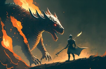 Obraz premium knight with the light sword standing near the giant fire dragon, digital art style, illustration painting