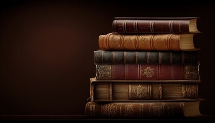 literature/reading concept: banner or a header image with a stack of antique leather-bound books against a dark background. Generative AI.