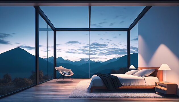 night scene glass house bedroom with a mountain view. White wall, armchair, lamps, large bed. 3d render. Generative AI.