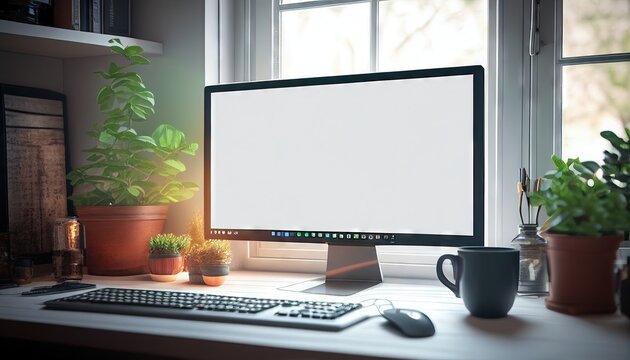 A work desk is located by the window with a blank computer monitor and copy space. 3d render. Generative AI.
