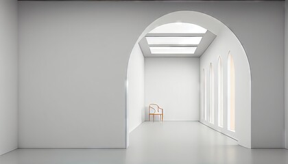 empty white room modern space interior 3d render many rooms are connected with arch shape door. Chair in the corner. Generative AI.