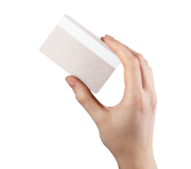 Reverse side of bank card in hand. holding credit bankcard, back view isolated on white background. High quality photo