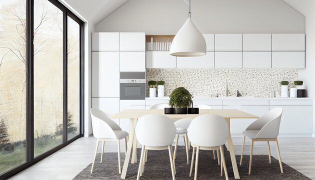 modern white dining room and kitchen with a nature view. With carpet under the dining table. 3d rendering. Generative AI.