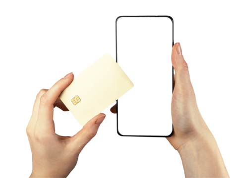 Hand holding plastic card mockup and smartphone screen mock up for mobile phone app, bank application ad, isolated on white. High quality photo