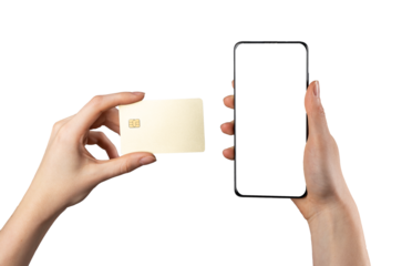 Bank card mock up and mobile phone screen mockup for mobile financial app, finance application ads, isolated on white. High quality photo