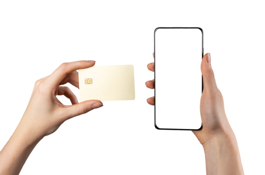 Bank card mock up and mobile phone screen mockup for mobile financial app, finance application ads, isolated on white. High quality photo