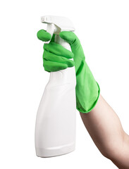 Spray bottle, plastic sprayer with detergent, liquid home chemical for housework isolated on white - obrazy, fototapety, plakaty
