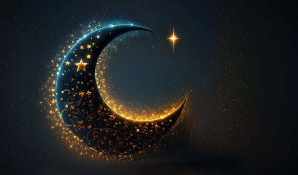 Ramadan crescent moon and bright star on dark background. Shiny Islamic symbol illustration for banner or greeting card. digital art for Muslim holy month. AI generated