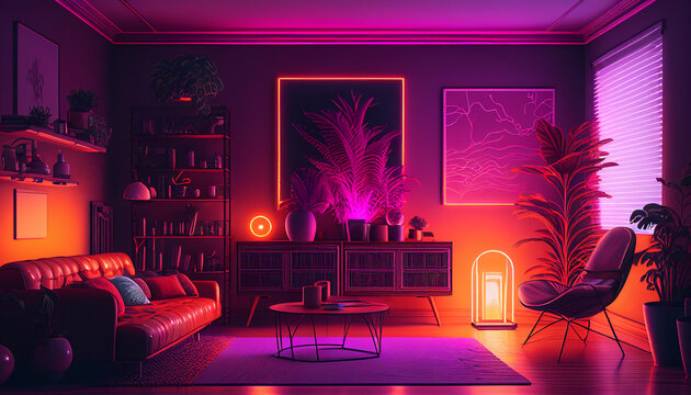 Cozy synthwave styled interior in pink-orange-purple tones and neon lighting, lo-fi background, cyberpunk interior, Ai generated 