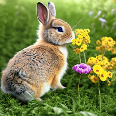 Fototapeta premium 「Generative」「AI」花と子ウサギ