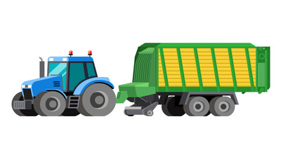 Self loading silage of forage wagon trailed by tractor for collecting mowed grass into one pass and carting silage from the field to the clamp. Colorful vector clip art on white background