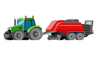 Farm hay baler trailed by tractor to compress a cut and raked crop into compact square bales. Colorful vector clip art on white background