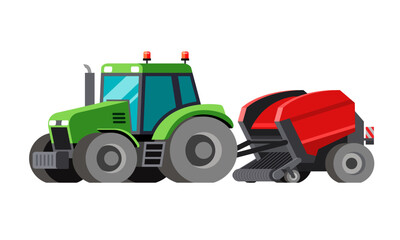 Farm hay baler trailed by tractor to compress a cut and raked crop into compact round bales. Colorful vector clip art on white background