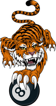 recommend clip art: A tiger angry mean pool billiards mascot cartoon character holding a black 8 ball.
