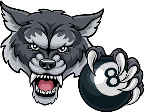 A wolf angry mean pool billiards mascot cartoon character holding a black 8 ball.
