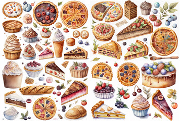 Obraz na płótnie Canvas Watercolor illustration of a baked goods collection on white background - AI generative