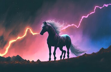 Obraz na płótnie Canvas The magic horse standing alone against the colorful night sky, digital art style, illustration painting