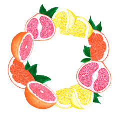 Hand drawn watercolor grapefruit orange and lemon wreath with green leaves isolated on white background. Scrapbook, post card, banner, lable.