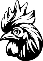 Head of rooster. Cock abstract character illustration. Graphic logo designs template for emblem. Image of portrait for company use.