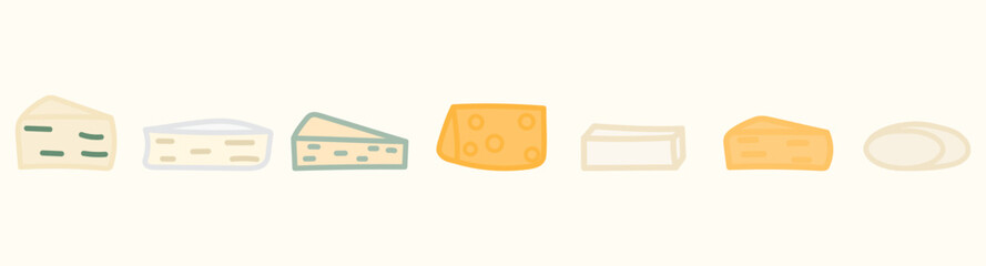 Hand drawn cheese collection. Dorblue, Feta, Mozzarella, Cheddar, Camembert set.