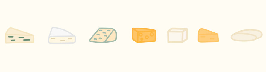 Hand drawn cheese collection. Dorblue, Feta, Mozzarella, Cheddar, Camembert set.