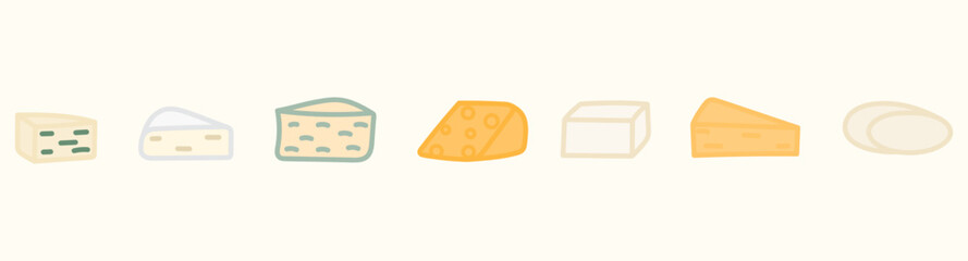 Hand drawn cheese collection. Dorblue, Feta, Mozzarella, Cheddar, Camembert set.