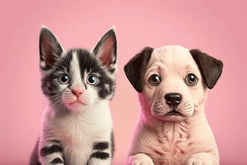 Cat and dog friends in pink studio created with Generative AI